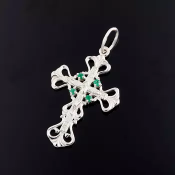 Кулон изумруд (серебро 925 пр. родир. бел.) крест огранка