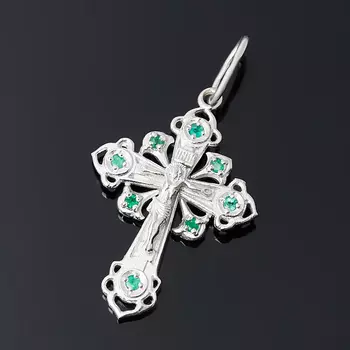 Кулон изумруд (серебро 925 пр. родир. бел.) крест огранка