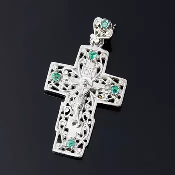 Кулон изумруд (серебро 925 пр. родир. бел.) крест огранка