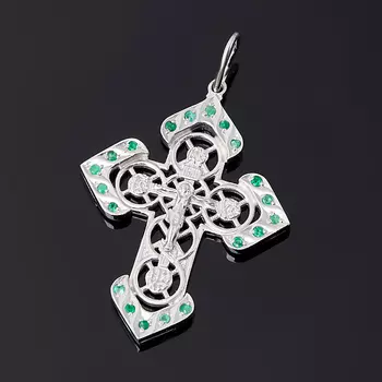 Кулон изумруд (серебро 925 пр. родир. бел.) крест огранка