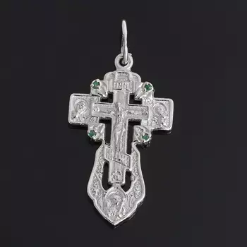 Кулон изумруд (серебро 925 пр. родир. бел.) крест огранка