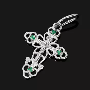 Кулон изумруд (серебро 925 пр. родир. бел.) крест огранка