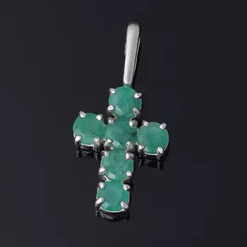 Кулон изумруд (серебро 925 пр. родир. бел.) крест огранка