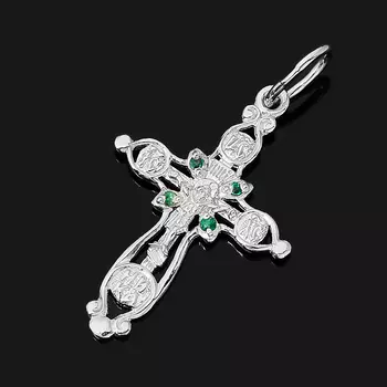 Кулон изумруд (серебро 925 пр. родир. бел.) крест огранка