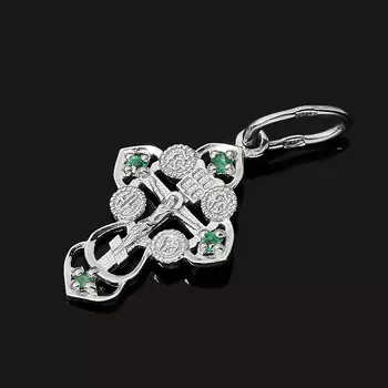 Кулон изумруд (серебро 925 пр. родир. бел.) крест огранка