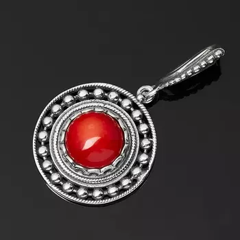 Кулон коралл красный (серебро 925 пр. оксидир.) круг