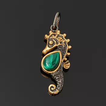 Кулон малахит (серебро 925 пр. позолота, родир. черн.)