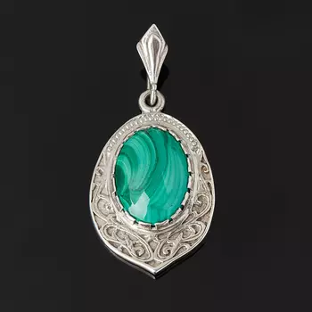 Кулон малахит (серебро 925 пр. родир. бел.)