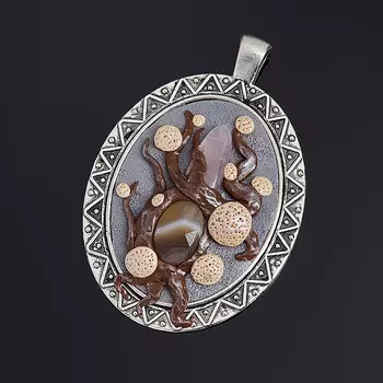 Кулон микс агат, розовый кварц (биж. сплав, глина полимерная) овал