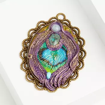 Кулон микс аквамарин, бирюза, хризоколла (биж. сплав, глина полимерная)