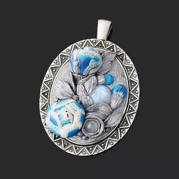 Кулон микс аквамарин, лунный камень (биж. сплав, глина полимерная) овал 6 см