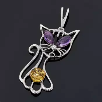 Кулон микс аметист, янтарь (серебро 925 пр. родир. бел.)