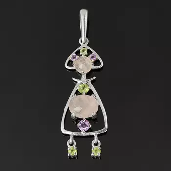 Кулон микс аметист, розовый кварц, хризолит (серебро 925 пр. родир. бел.)
