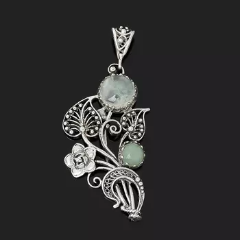 Кулон микс авантюрин, пренит (серебро 925 пр. оксидир.)