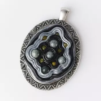 Кулон микс кошачий глаз, опал (биж. сплав, глина полимерная) овал 6 см