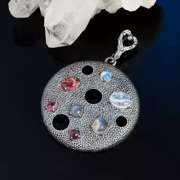 Кулон микс лабрадор, лунный камень, опал круг (серебро 925 пр. родир. черн.)