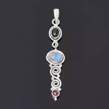 Кулон микс лунный камень, турмалин (серебро 925 пр. оксидир.)