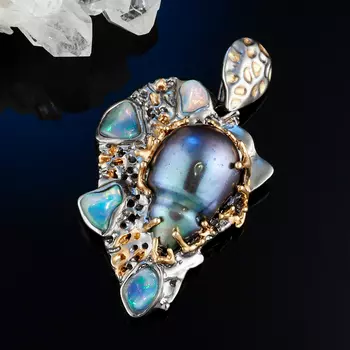 Кулон микс жемчуг, опал (серебро 925 пр. родир. черн. позолота)