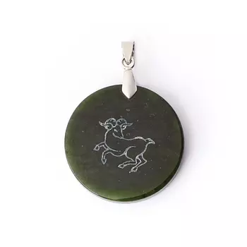 Кулон нефрит зеленый круг Овен (биж. сплав)