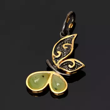 Кулон нефрит зеленый (серебро 925 пр. позолота, родир. черн.) бабочка