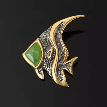 Кулон нефрит зеленый (серебро 925 пр. позолота, родир. черн.) рыба