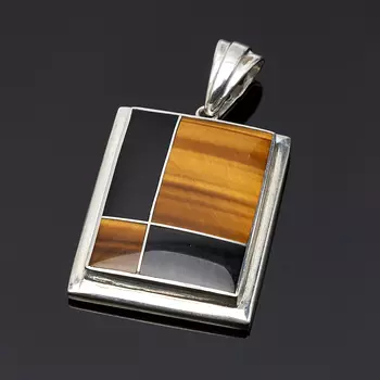 Кулон обсидиан, тигровый глаз прямоугольник (серебро 925 пр.)