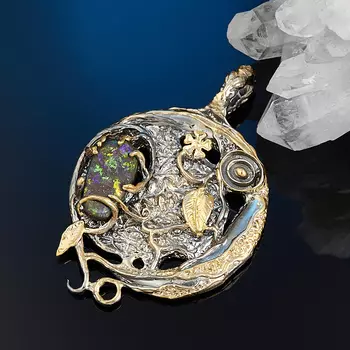 Кулон опал благородный черный (серебро 925 пр. позолота, родир. сер.)