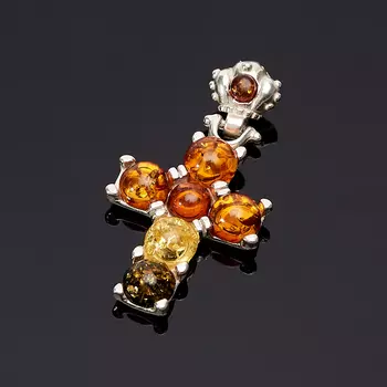 Кулон янтарь крест (латунь посеребр.) 3,5 см