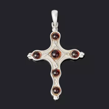 Кулон янтарь крест (латунь посеребр.)