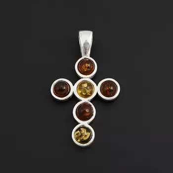 Кулон янтарь крест (латунь посеребр.) 3 см