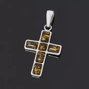 Кулон янтарь крест (латунь посеребр.)
