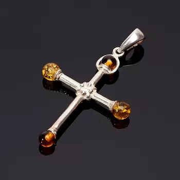 Кулон янтарь крест (латунь посеребр.) 4,5 см