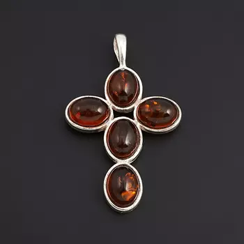 Кулон янтарь крест (латунь посеребр.) 4 см