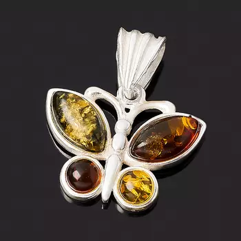 Кулон янтарь (латунь посеребр.) бабочка