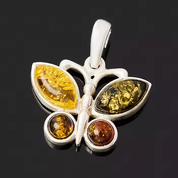 Кулон янтарь (латунь посеребр.) бабочка