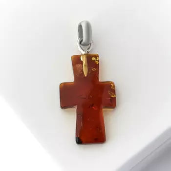 Кулон янтарь (латунь посеребр.) крест