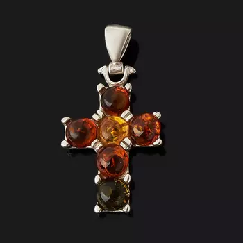 Кулон янтарь (латунь посеребр.) крест