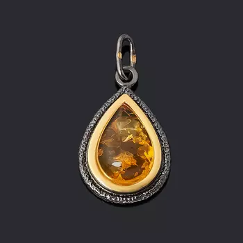 Кулон янтарь пресс (серебро 925 пр. позолота, родир. черн.) капля