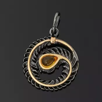 Кулон янтарь пресс (серебро 925 пр. позолота, родир. черн.) круг