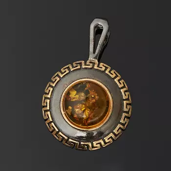 Кулон янтарь пресс (серебро 925 пр. позолота, родир. черн.) круг