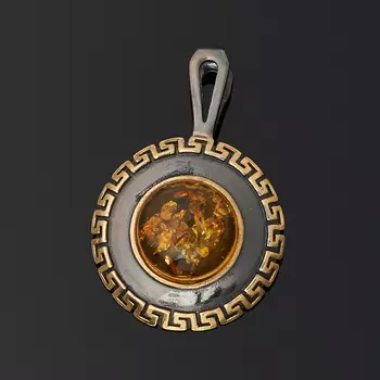 Кулон янтарь пресс (серебро 925 пр. позолота, родир. черн.) круг
