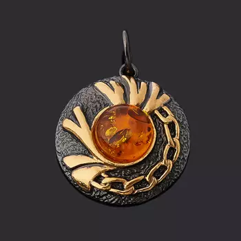 Кулон янтарь (серебро 925 пр. позолота, родир. черн.) круг