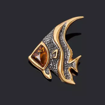 Кулон янтарь (серебро 925 пр. позолота, родир. черн.) рыба