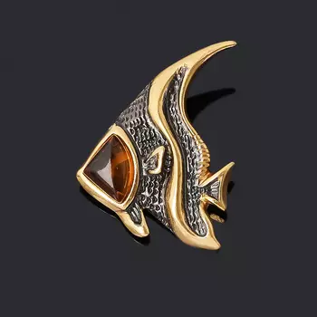 Кулон янтарь (серебро 925 пр. позолота, родир. черн.) рыба