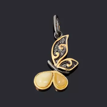 Кулон янтарь (серебро 925 пр. позолота, родир. черн.) бабочка