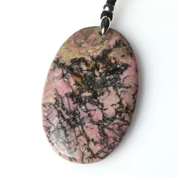 Кулон родонит (биж. сплав, кожа натур.) овал 6 см