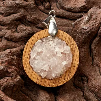 Кулон розовый кварц круг (дерево)