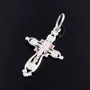 Кулон рубин (серебро 925 пр. родир. бел.) крест огранка