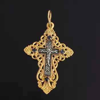 Кулон сапфир черный (серебро 925 пр. оксидир., позолота) крест огранка