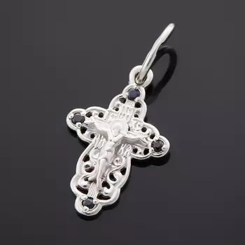 Кулон сапфир черный (серебро 925 пр. родир. бел.) крест огранка